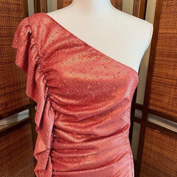 NWT Revolve C/Meo Collective Pink Sequin One-Shoulder Sheath Dress Ruffled Sz L - Picture 3 of 12